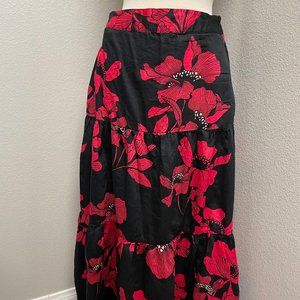 WHO WHAT WEAR black Red Floral Maxi Skirt Tiered A-line Casual Cotton 12